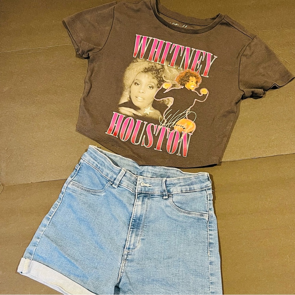 H&M Denim Shorts Size 11-12+ Black Top with Whitney Houston Graphic Size M 2pc.